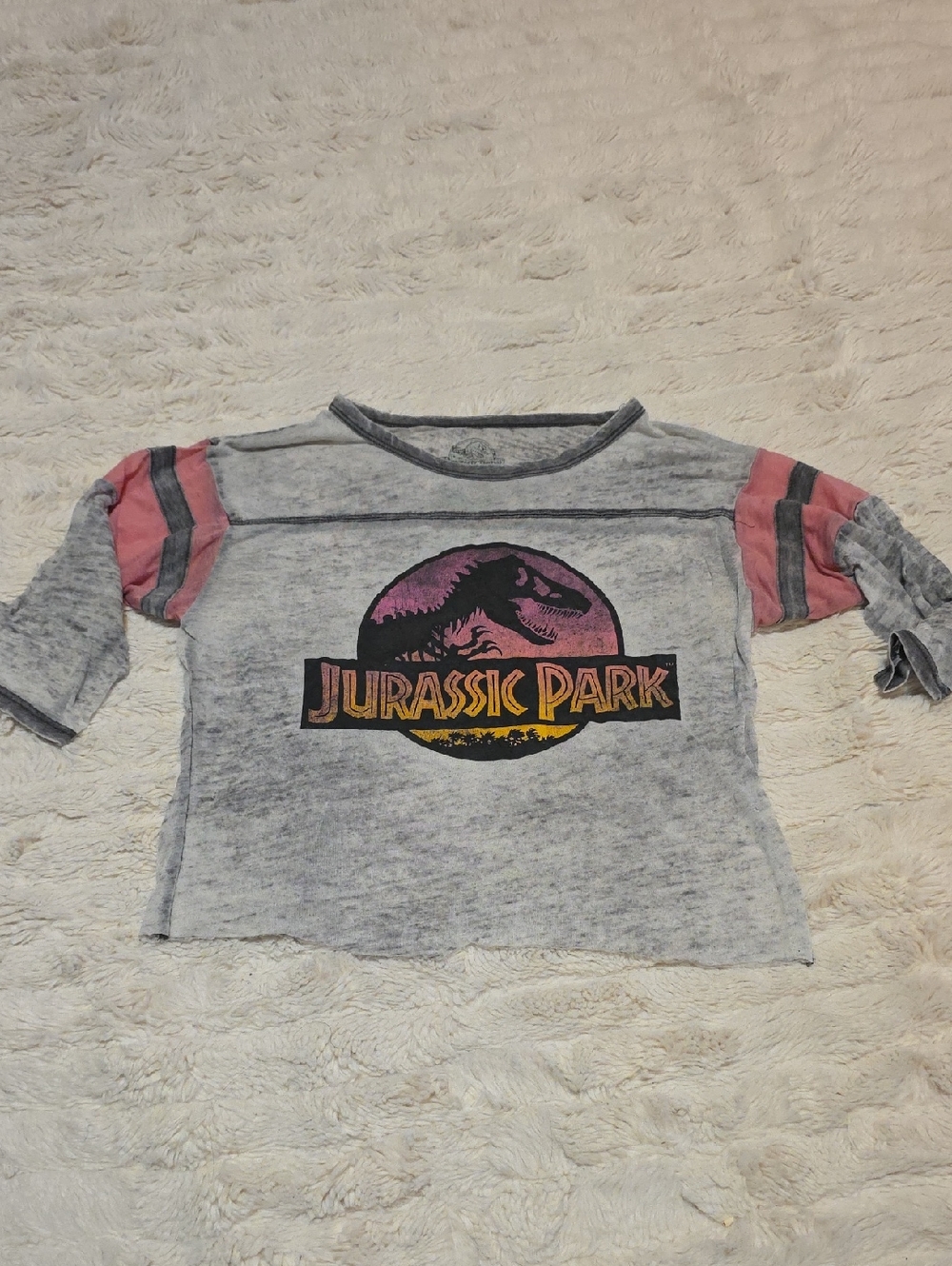 Jurassic Park Woman's Grey Tee with Pink Accents (Cropped DIY)